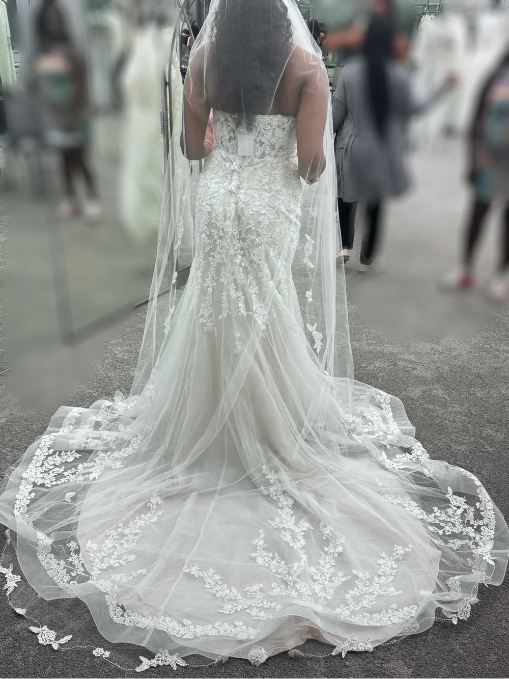 Floral Appliqué Beaded Scalloped Cathedral Bridal Veil - Ivory
